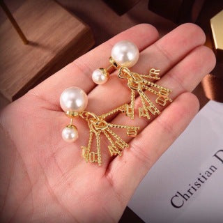 Dior Pearl Ribbon Logo Drop Stud Earrings