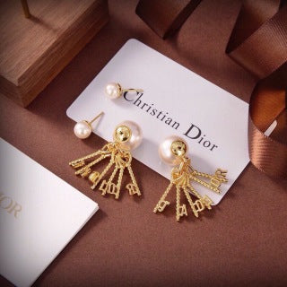 Dior Pearl Ribbon Logo Drop Stud Earrings