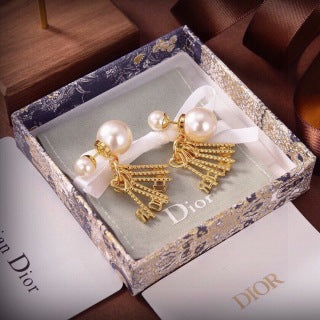 Dior Pearl Ribbon Logo Drop Stud Earrings