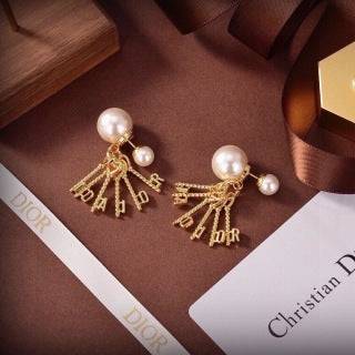 Dior Pearl Ribbon Logo Drop Stud Earrings