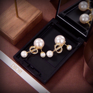 Dior Pearl Ribbon Crystal Stud Earrings
