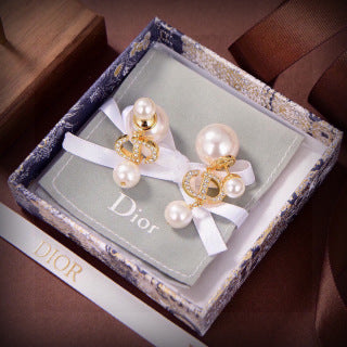 Dior Pearl Ribbon Crystal Stud Earrings
