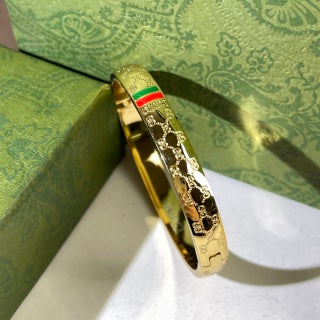 Gucci Web Stripe GG Engraved Crystal Detail Cuff Bracelet