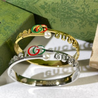 Gucci Interlocking G Pearl Accent Letter Chain Cuff Bracelet
