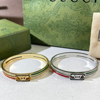 Gucci Web Stripe Rectangular Logo Plaque Crystal Cuff Bracelet