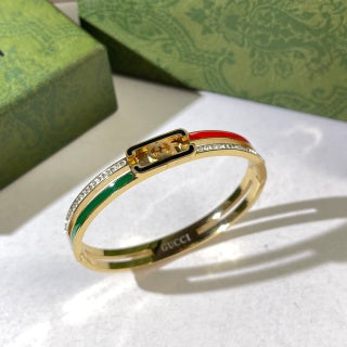 Gucci Web Stripe Rectangular Logo Plaque Crystal Cuff Bracelet
