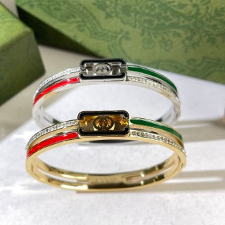 Gucci Web Stripe Rectangular Logo Plaque Crystal Cuff Bracelet