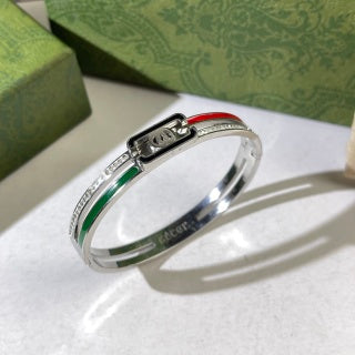 Gucci Web Stripe Rectangular Logo Plaque Crystal Cuff Bracelet