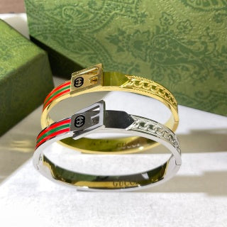 Gucci Web Stripe Engraved Plaque Cuff Bracelet
