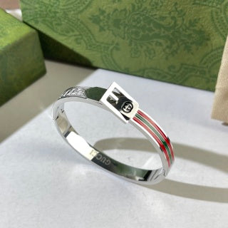 Gucci Web Stripe Engraved Plaque Cuff Bracelet