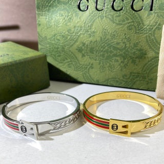 Gucci Web Stripe Engraved Plaque Cuff Bracelet