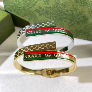 Gucci Web Stripe Logo Engraved Crystal Line Cuff Bracelet