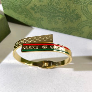 Gucci Web Stripe Logo Engraved Crystal Line Cuff Bracelet
