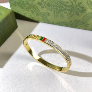 Gucci Web Stripe Crystal Accent Dual Tone Cuff Bracelet
