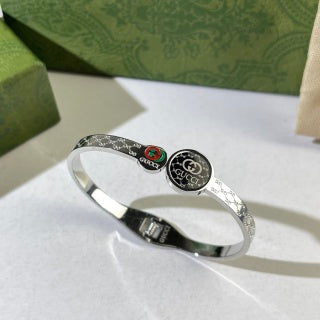 Gucci Interlocking G Round Logo Medallion Web Stripe Cuff Bracelet