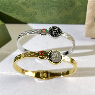 Gucci Interlocking G Round Logo Medallion Web Stripe Cuff Bracelet