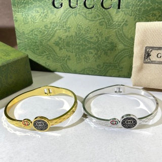 Gucci Interlocking G Round Logo Medallion Web Stripe Cuff Bracelet