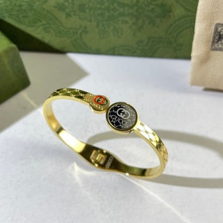 Gucci Interlocking G Round Logo Medallion Web Stripe Cuff Bracelet
