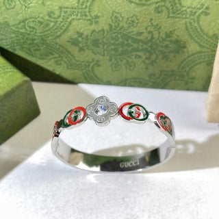Gucci Interlocking G Web Stripe Floral Link Cuff Bracelet