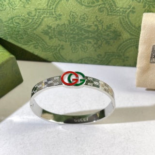 Gucci Interlocking G Web Stripe Engraved Cuff Bracelet