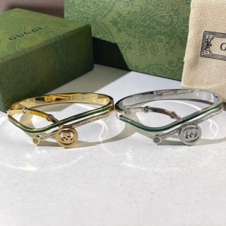 Gucci Interlocking G Green Enamel Line Crystal Cuff Bracelet