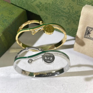 Gucci Interlocking G Green Enamel Line Crystal Cuff Bracelet