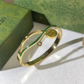Gucci Interlocking G Green Enamel Line Crystal Cuff Bracelet