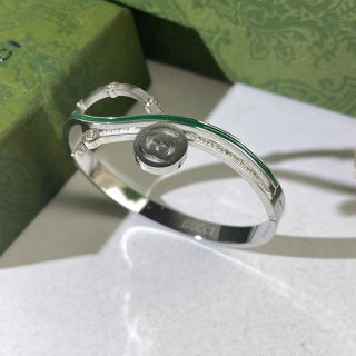 Gucci Interlocking G Green Enamel Line Crystal Cuff Bracelet
