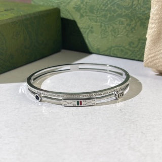 Gucci Web Stripe Engraved Plaque Slim Cuff Bracelet