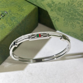 Gucci Web Stripe Engraved Plaque Slim Cuff Bracelet