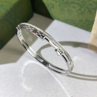 Gucci Web Stripe Engraved Plaque Slim Cuff Bracelet