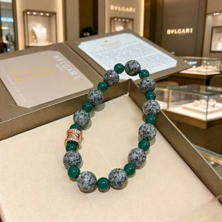 Bvlgari Green Stone Beaded Bracelet with Rose Gold Accent – Elegant Luxury Jewelry