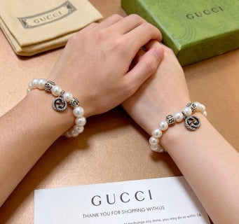 Gucci Pearl Bead Lion Head Medallion Charm Bracelet