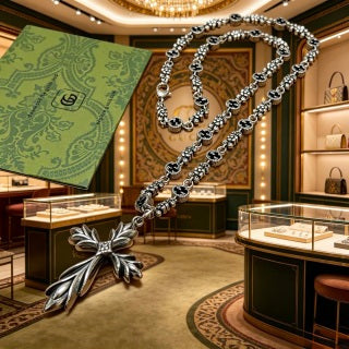 Gucci Interlocking G Leaf Pendant Beaded Chain Necklace