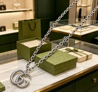 Gucci Interlocking G Crystal Logo Pendant Chain Necklace