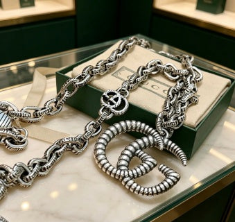 Gucci Interlocking G Crystal Logo Pendant Chain Necklace