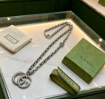 Gucci Interlocking G Crystal Logo Pendant Chain Necklace
