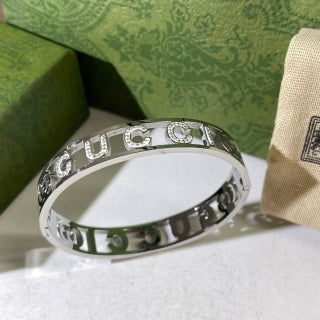 Gucci Interlocking G Letter Charm Engraved Cuff Bracelet