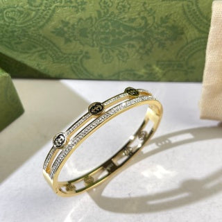 Gucci Interlocking G Trio Crystal Line Open Cuff Bracelet
