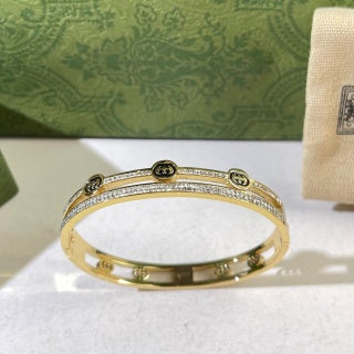 Gucci Interlocking G Trio Crystal Line Open Cuff Bracelet