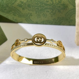 Gucci Interlocking G Center Medallion Crystal Link Cuff Bracelet