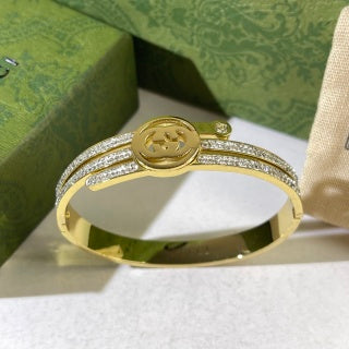 Gucci Interlocking G Double Pavé Accent Medallion Cuff Bracelet