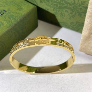 Gucci Interlocking G Oval Emblem Crystal Line Cuff Bracelet