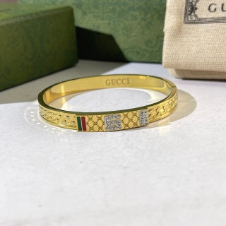 Gucci Web Stripe Interlocking G Engraved Plaque Cuff Bracelet