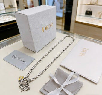 Dior Evelyne Silver Multi Charm Link Chain Necklace