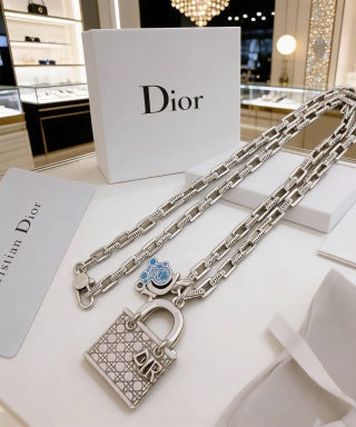 Dior Evelyne Silver Crystal Medallion Link Necklace