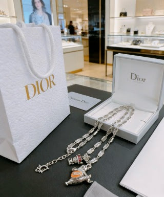 Dior Evelyne Silver Teddy Bear Charm Link Necklace