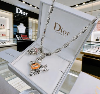 Dior Evelyne Silver Teddy Bear Charm Link Necklace