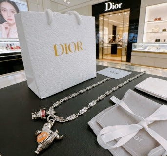 Dior Evelyne Silver Teddy Bear Charm Link Necklace