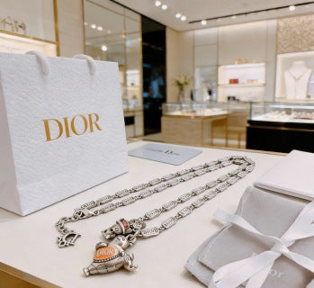 Dior Evelyne Silver Teddy Bear Charm Link Necklace